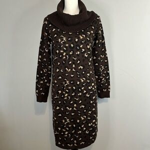 Tommy Hilfiger Cheetah Leopard Turtleneck Brown Long Sleeve Winter Sweater Dress